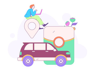 Flat vector concept operation hand drawn illustration of people taking a taxi
