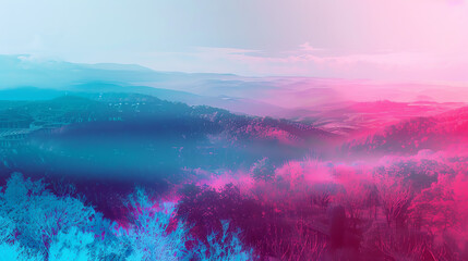 Simplistic glitch in nature scene, gentle visual disruptions, serene landscape, top view, demonstrating minimalistic glitch art, technology tone, Analogous Color Scheme.
