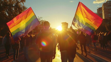 Fototapeta premium Silhouetted Couple with Rainbow Flags. Couple holds rainbow flags, silhouetted against the setting sun, celebrating LGBTQ pride and love.