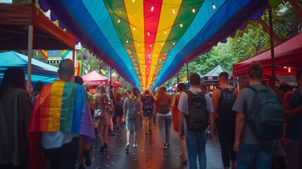 Crowd at Vibrant Pride Festival. Lively crowd walks under a colorful rainbow canopy at a bustling LGBTQ Pride festival, celebrating diversity and unity.