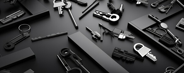Keys flat design top view lost and found theme 3D render Black and white