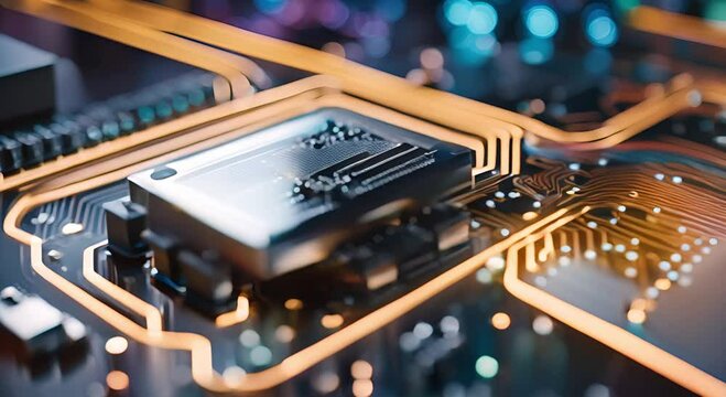 The microprocessor is connected to a sleek motherboard that shines brightly