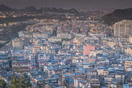 Close up on the residential district in Guilin, China. Favella like buildings