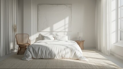 A serene and minimalist bedroom with white walls and neutral decor, offering a tranquil and restful retreat for relaxation and rejuvenation.