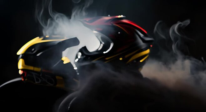 Shiny full face motorcycle helmet on black background with smoke. Advertising concept