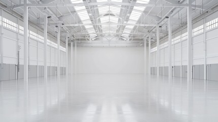 Industrial white warehouse with high ceilings and an empty floor plan, surrounded by a uniform white background