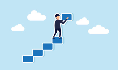 Constructing success stairs self development, career growth, and job advancement, concept of Businessman constructs stairs for ascending business growth