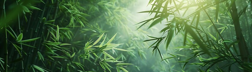 Fototapeta premium a lush green tree stands tall amidst a sea of bamboo plants, with a single green leaf adding a touch of vibrancy to the scene