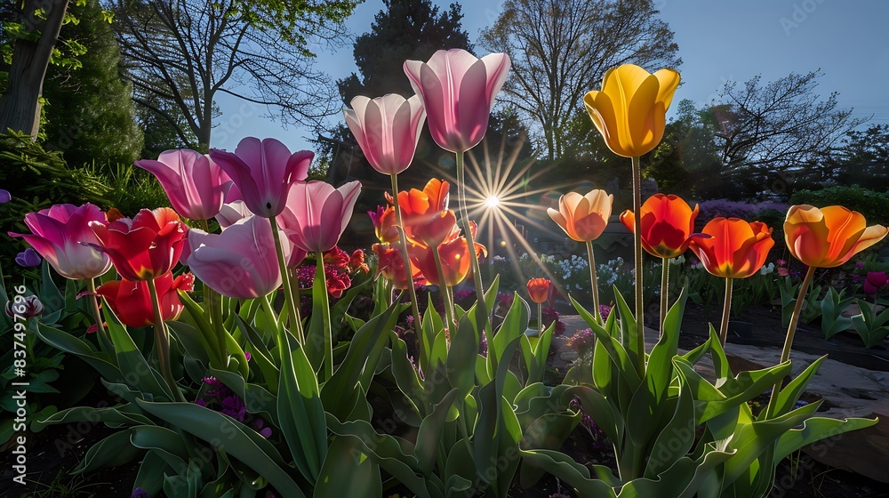 Wall mural colorful tulips in various shades of pink, purple, yellow, and orange bloom in a garden under a blue sky, with a tall tree in the background