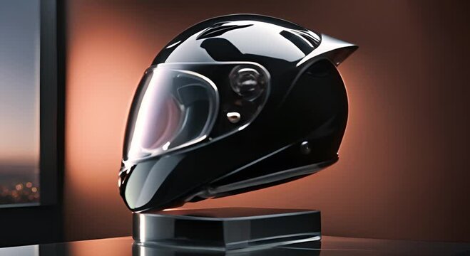 Motorcycle carbon integral crash helmet on glass podium. Transportation safety