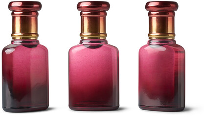 small oil fragrance glass bottles mock-up template isolated white background, pink colored cosmetics, perfume, oud attar or medicament containers in different angles