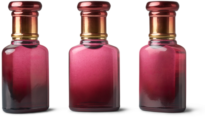 small oil fragrance glass bottles mock-up template isolated white background, pink colored cosmetics, perfume, oud attar or medicament containers in different angles