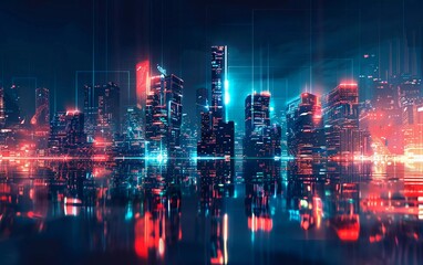 Fototapeta premium Panoramic urban architecture, cityscape with space and neon light effects. Modern hi-tech, science, futuristic technology concept. Very beautiful abstract digital high