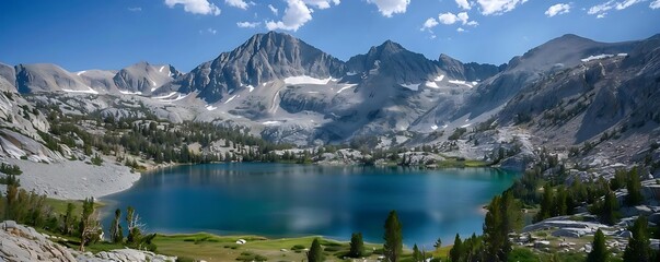 a serene mountain lake surrounded by lush green trees under a clear blue sky with a single white cloud