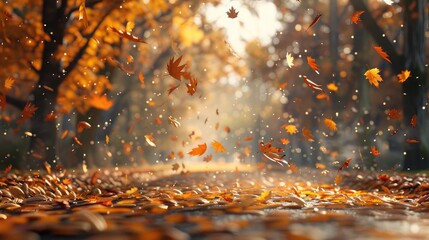Falling Leaves: Leaves gently falling onto the path, captured in mid-air, highlighting the dynamic beauty of the changing seasons