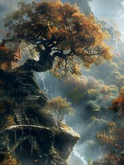 Fototapeta premium Enchanting Autumn Landscape with Cascading Waterfall Ancient Ruins and Winding Path Through Lush Forest Foliage