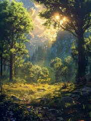 Enchanting Sunlit Forest Path Through a Verdant Wilderness of Towering Trees and Lush Foliage