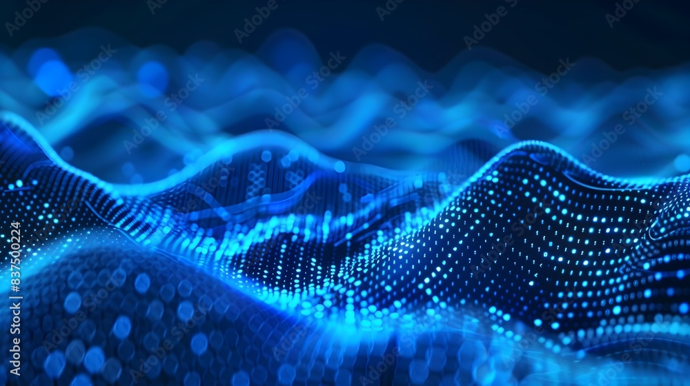 Poster mesmerizing digital wave of flowing particles in a futuristic 3d fractal landscape