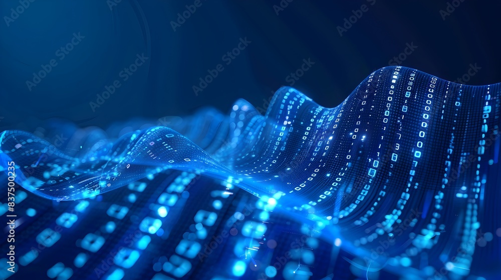 Aufkleber futuristic digital technology landscape with glowing binary data waves