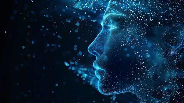 Digitalized Human Face in Glowing Ethereal Particles and Waves of Futuristic Energy