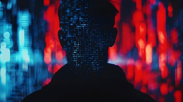 Silhouetted Figure Shrouded in Darkness with Glowing Digital Code Backdrop