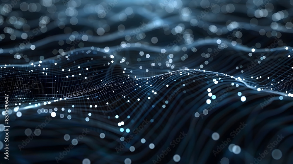 Poster luminous digital landscape with glowing waves and intricate patterns of light and energy description