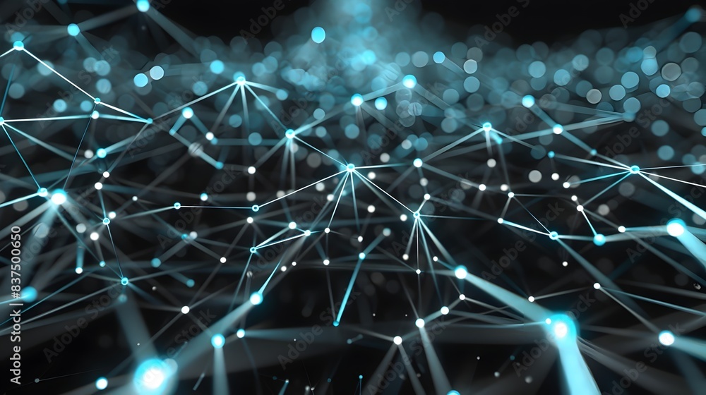 Poster glowing interconnected digital network of futuristic particles and structures