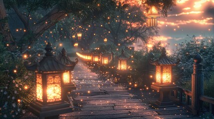 Obraz premium Lantern-lit Path: The pathway illuminated by lanterns or fairy lights at dusk, creating a magical and enchanting atmosphere