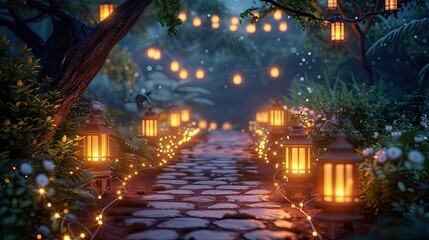 Fototapeta premium Lantern-lit Path: The pathway illuminated by lanterns or fairy lights at dusk, creating a magical and enchanting atmosphere