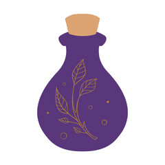 A magic purple glass bottle with a floral motif inside it. Flat style vector illustration.