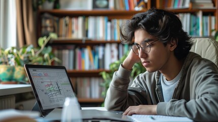 A young man is sitting at a desk with a laptop open in front of him