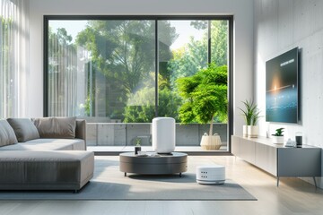 Fototapeta premium A living room with a large couch, a coffee table, and a television