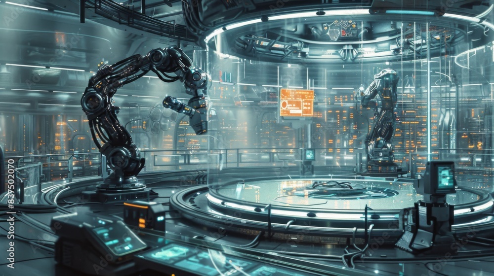 Aufkleber a futuristic scene with robots and a large machine