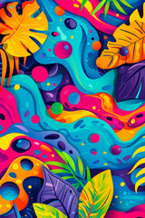 Fototapeta premium Abstract Psychedelic Pattern with Tropical Leaves
