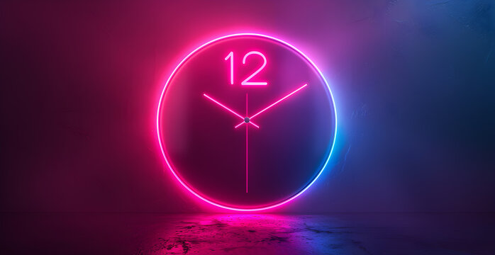 A neon clock with the time 12:00 is lit up in a dark room