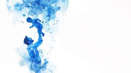Blue watercolor paint of A father playing lift with new born baby kid