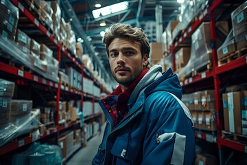 Fototapeta premium Warehouse Packer in Protective Gear Organizing Goods for Storage