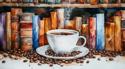 A watercolor artwork showcasing a steaming cup of coffee, coffee beans scattered like thoughts, and books waiting to be devoured