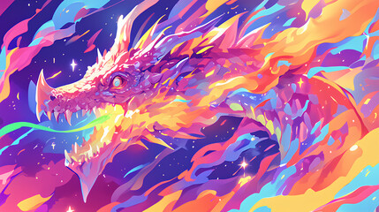 a dragon spits rainbow colored fire