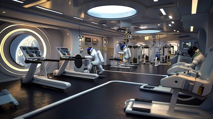 High-resolution images of a space tourism company's gym with zero-gravity simulators and state-of-the-art astronaut training equipment