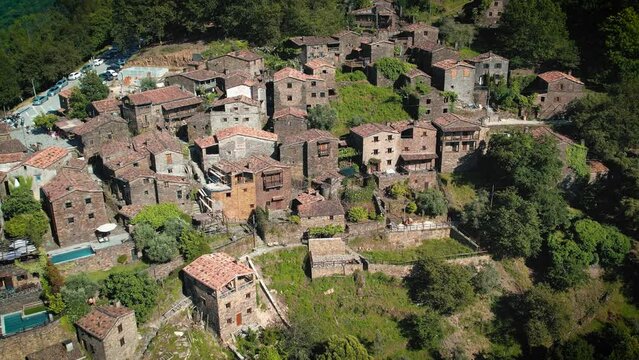 Aerial view of ancient schist village of Talasnal, Lous&atilde;, Portugal