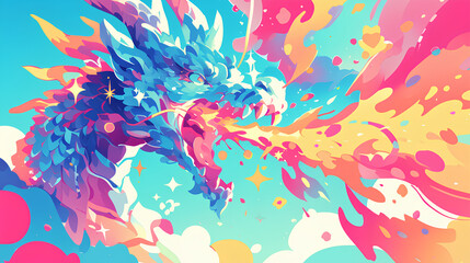 a dragon spits rainbow colored fire