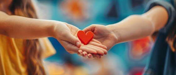 Hands passing a red heart symbol of love and kindness, outdoor setting, shallow depth of field.