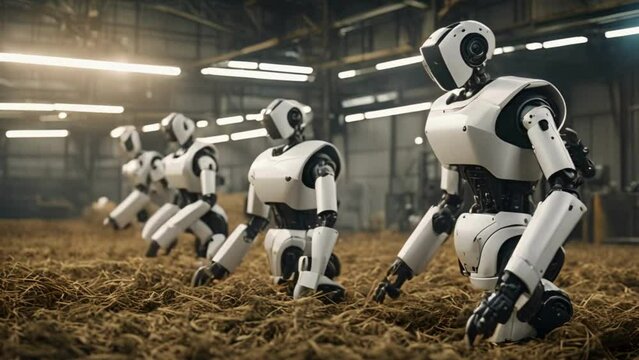 Many Futuristic Robots in Action on a Field