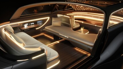 Fototapeta premium Golden glamour Interior of future luxury electric car captain seats