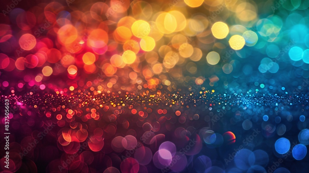 Poster close-up of a bokeh effect with rainbow-colored light spots, creating a magical and festive atmosphe