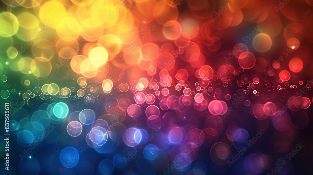 Poster close-up of a bokeh effect with rainbow-colored light spots, creating a magical and festive atmosphe
