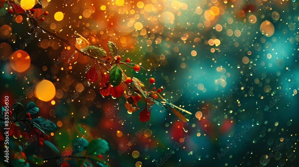 Poster a detailed bokeh image with a rich palette of colors, from warm reds and yellows to cool blues and g