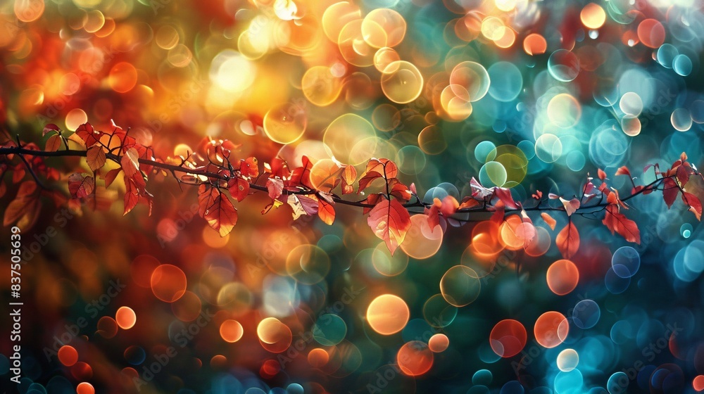 Poster a detailed bokeh image with a rich palette of colors, from warm reds and yellows to cool blues and g