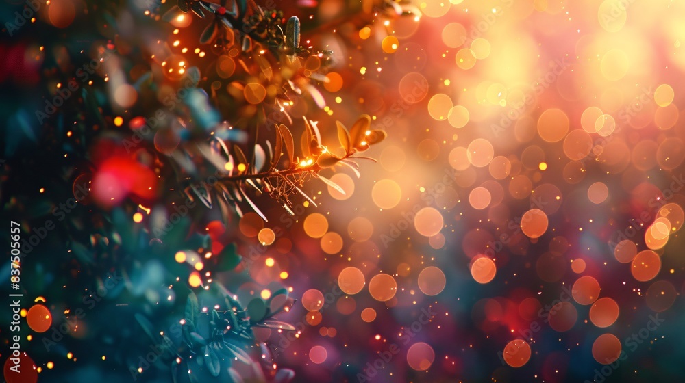 Poster a beautiful bokeh effect with soft, diffused lights in multiple shades, evoking a sense of warmth an